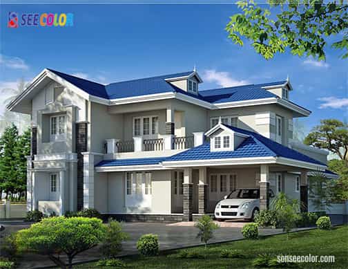 Mái ngói màu xanh dương, với sơn màu trắng trông sẽ bắt mắt hơn 